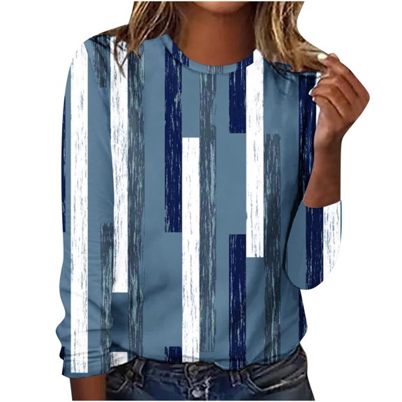 IROINNID Deals Polyester Long Sleeve T Shirt for Women Comfy Printing Round Neck Loose T-Shirt Blouse Tops,Blue