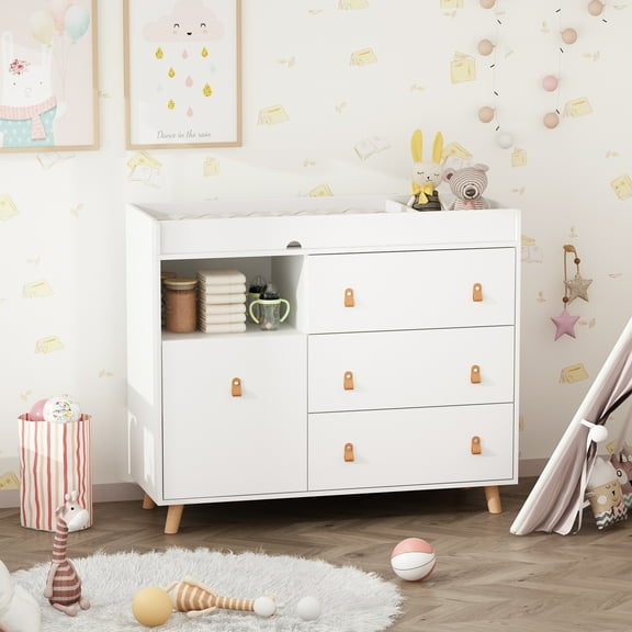 KULAGAGA Changing Table Dresser, Baby Nursery Dresser with 3 Drawers and Shelf, Top Guardrail and Large Storage Cabinet, Hidden Trash Storage, Baby Changing Dressers for Nursery Room, White
