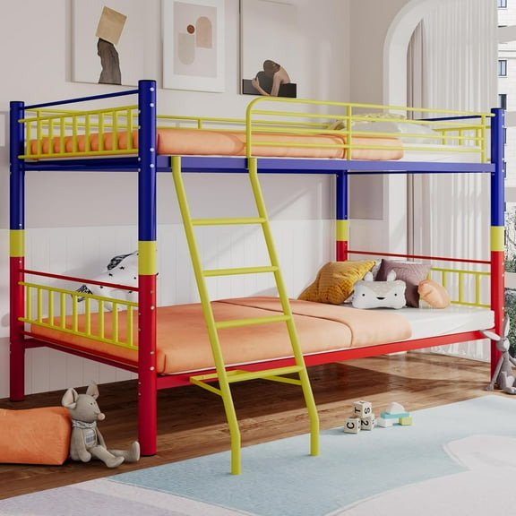 Metal Bunk Bed Twin Over Twin, Bunk Bed Full Over Full with Safety Guardrail, Space-Saving Bed Frame Noise Free, No Boxing Spring Needed for Bedroom, Colorful