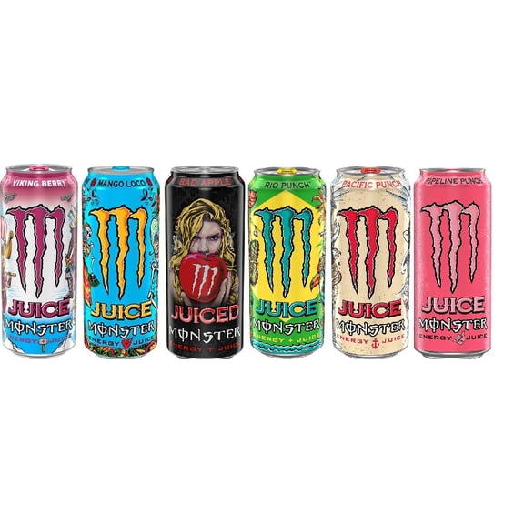 Ultimate Monster Energy Juice Variety Pack: Khaotic, Mango Loco, Pacific Punch, Pipeline, Viking Berry, Rio - 16 ounce (Pack of 16)
