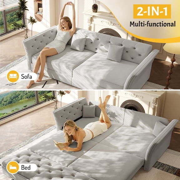 74.4" Queen Pull Out Sofa Bed, Convertible Sleeper Sofa Couch with Handmade Fabric Flower Tufted Design, Multi-Functional Velvet Loveseat Couches Bed for Living Room, Apartment, Light Grey
