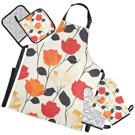 Ryvnso Retro Roses Flowers-2 Kitchen Apron Oven Mitts Set Pot Holders