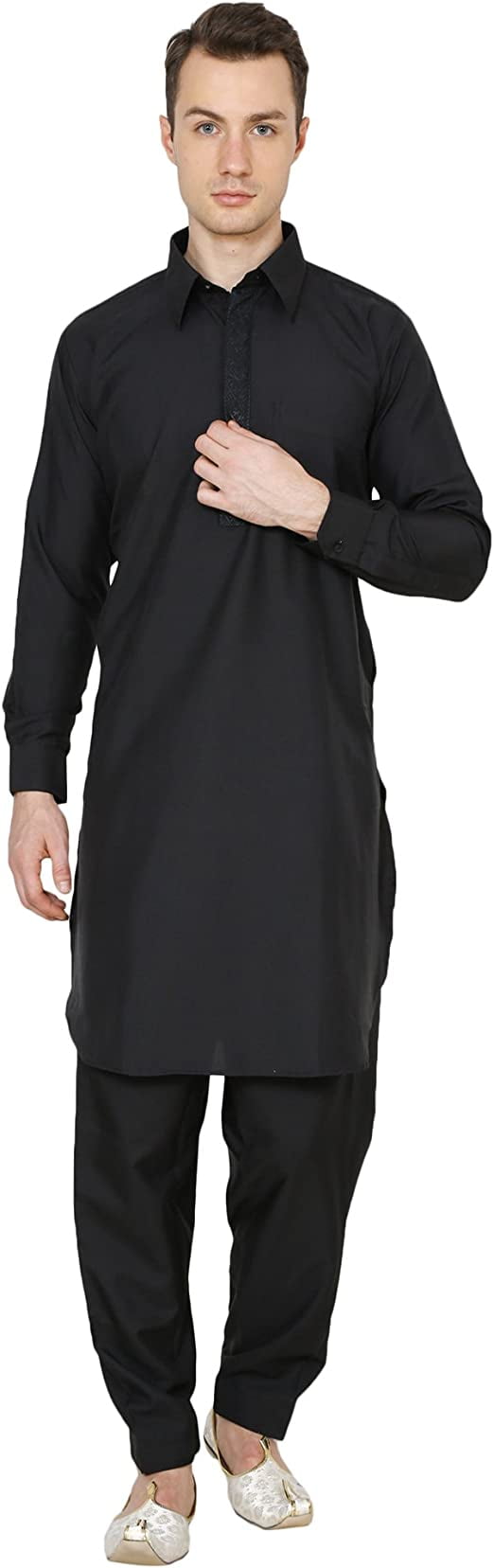 Royal Kurta Abito Pathani Uomo 38 Nero - Casual Con Ricamo Al Collo, Misto Cotone Senza Pieghe - 2