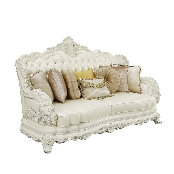 ACME Adara Tufted Faux Leather Sofa with 7 Pillows in White and Antique White