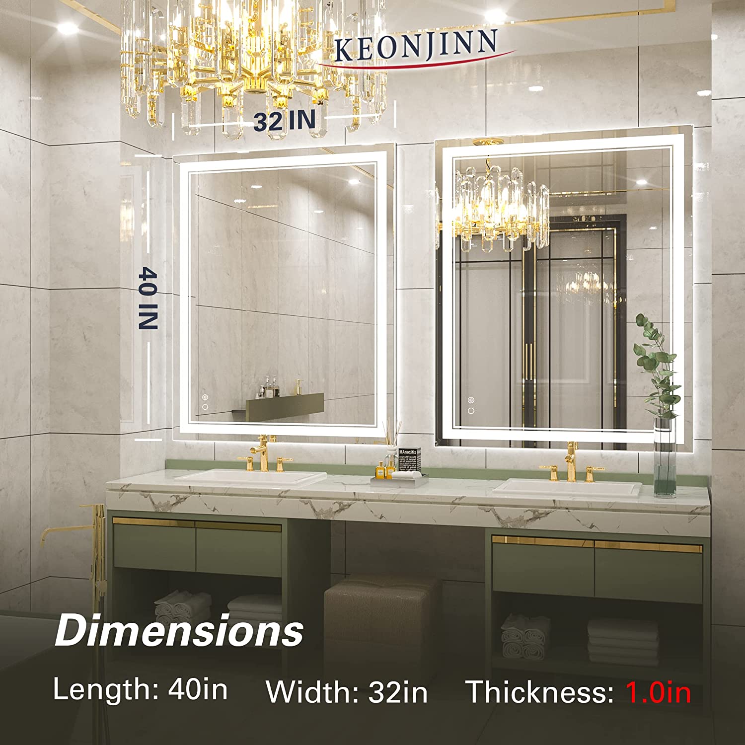 Keonjinn 40 x 32 inch LED Bathroom Mirror with Lights Acrylic Backlit Vanity Mirror Anti-Fog Lighted Bathroom Mirror for Wall CR