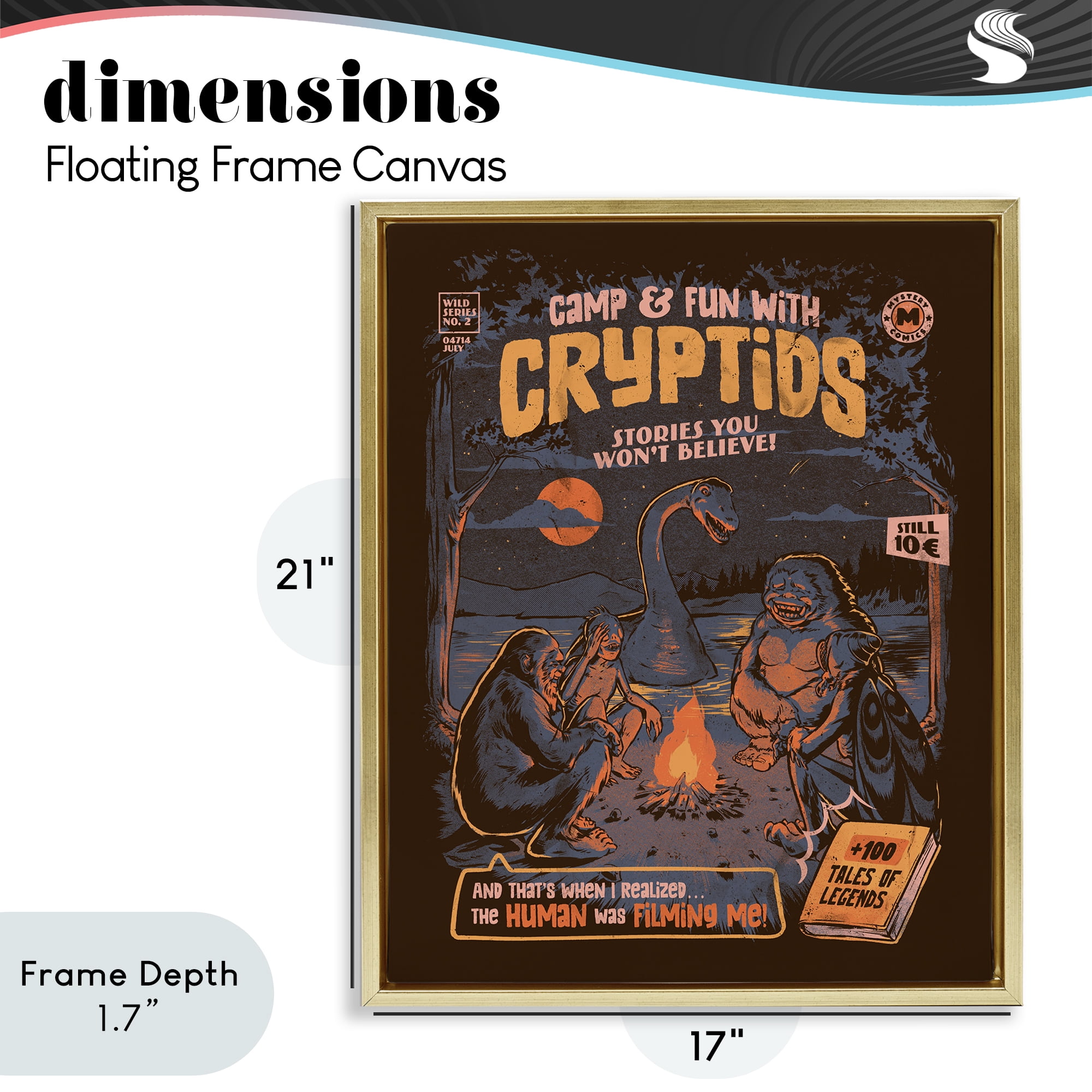Stupell Industries Cryptid Camp Humor Gold Framed Floater Canvas Wall Art, design by EduEly Designs