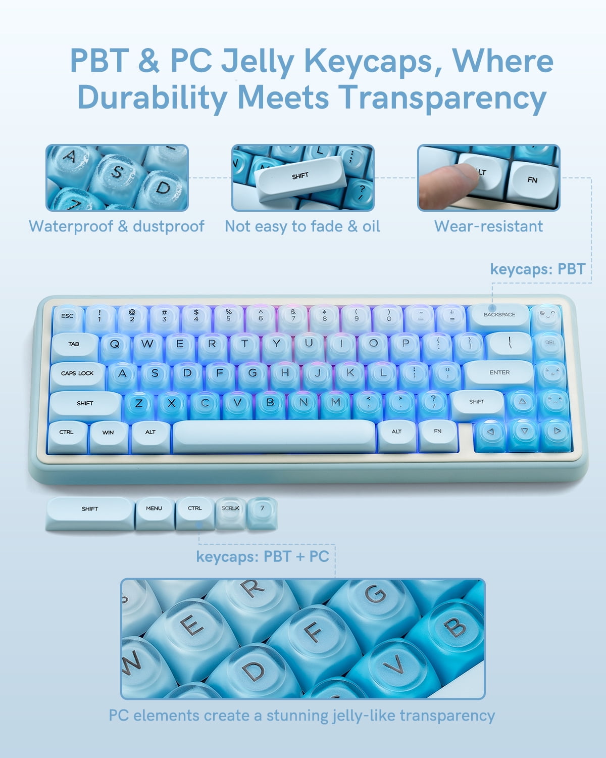 COSTOM PBT Keycaps, Jelly Keycaps Creamy MOA Profile, 132 Keys Translucent Cute Custom Key caps for Cherry Gateron MX Swithes Mechanical Keyboards, Blue