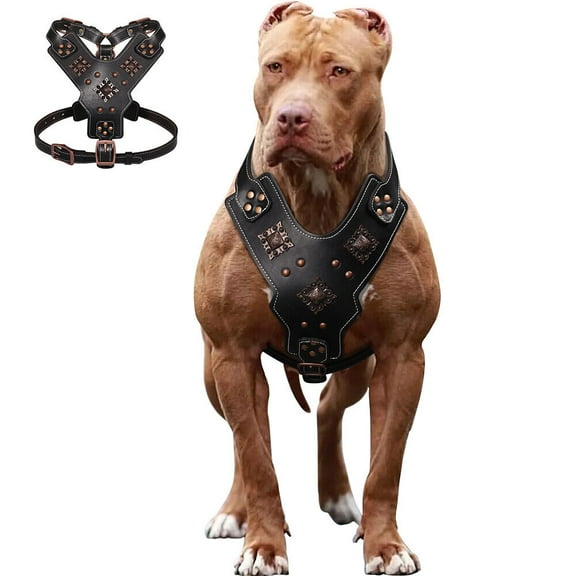 Pet Artist Heavy Duty Retro Rivet Spiked Studded Dog Harness No Pull Genuine Leather Vest for Medium Large Breeds Pitbull Mastiff