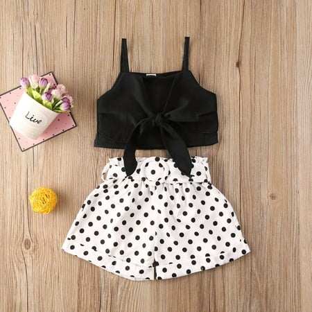 

Toddler Baby Girls Ruffle T Shirts Polka Dot Suspender Skirts Playsuit Overall Outfits Set Strap Dress Summer Fall Clothes