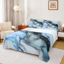 Feelyou Watercolor Marble Women Queen Sheet Sets, Luxury Fashion Marbling Blue Flat Sheet, Chic Abstract Ombre Queen Fitted Sheet, Lightweight Room Decor, 4-Piece
