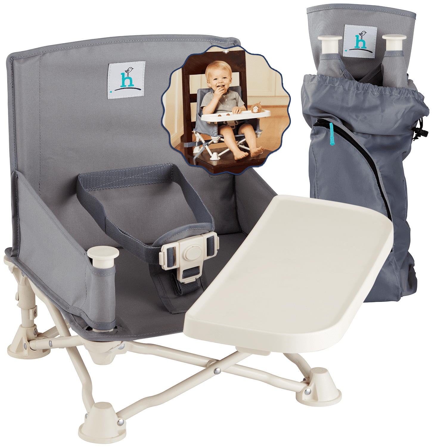 Hiccapop OmniBoost Travel Booster Chair with Tray, Folding Portable Booster Seat for Dining Table, Camping, Beach, Grandma’s, Tip-Free Design, Gray