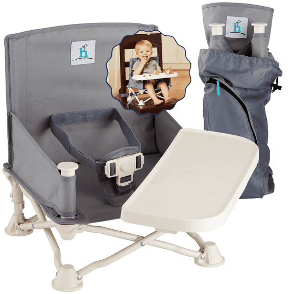 Hiccapop OmniBoost Travel Booster Chair with Tray, Folding Portable Booster Seat for Dining Table, Camping, Beach, Grandma’s, Tip-Free Design, Gray