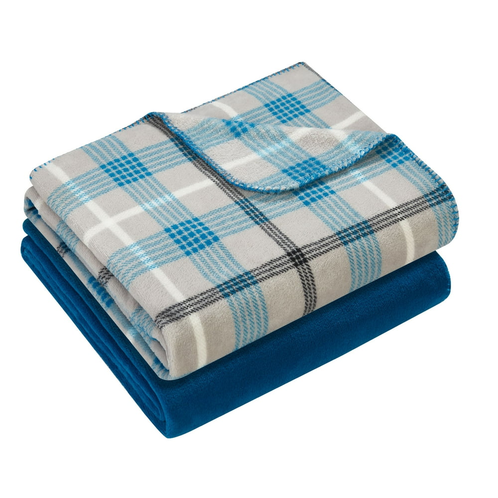 Mainstays Blue Plaid Fleece Plush Throw Blanket, 50" x 60", Blue Plaid