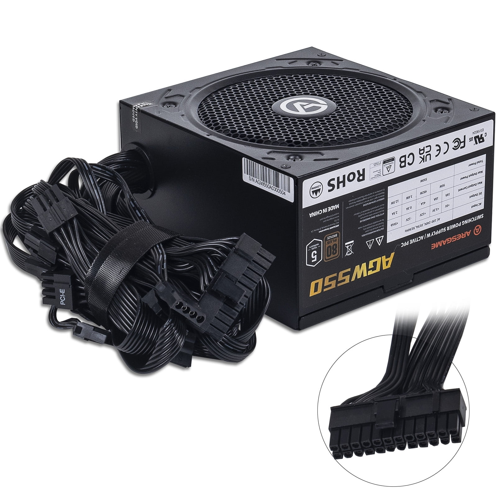 ARESGAME 550W Power Supply, 80+ Bronze Certified ATX PSU (AGW550, Non-modular)