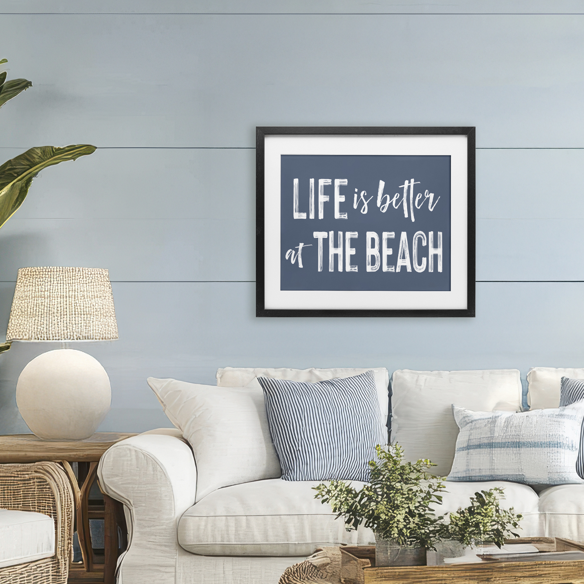 Life Better At Beach Blue Black Framed Print Under Glass, design by Lettered and Lined