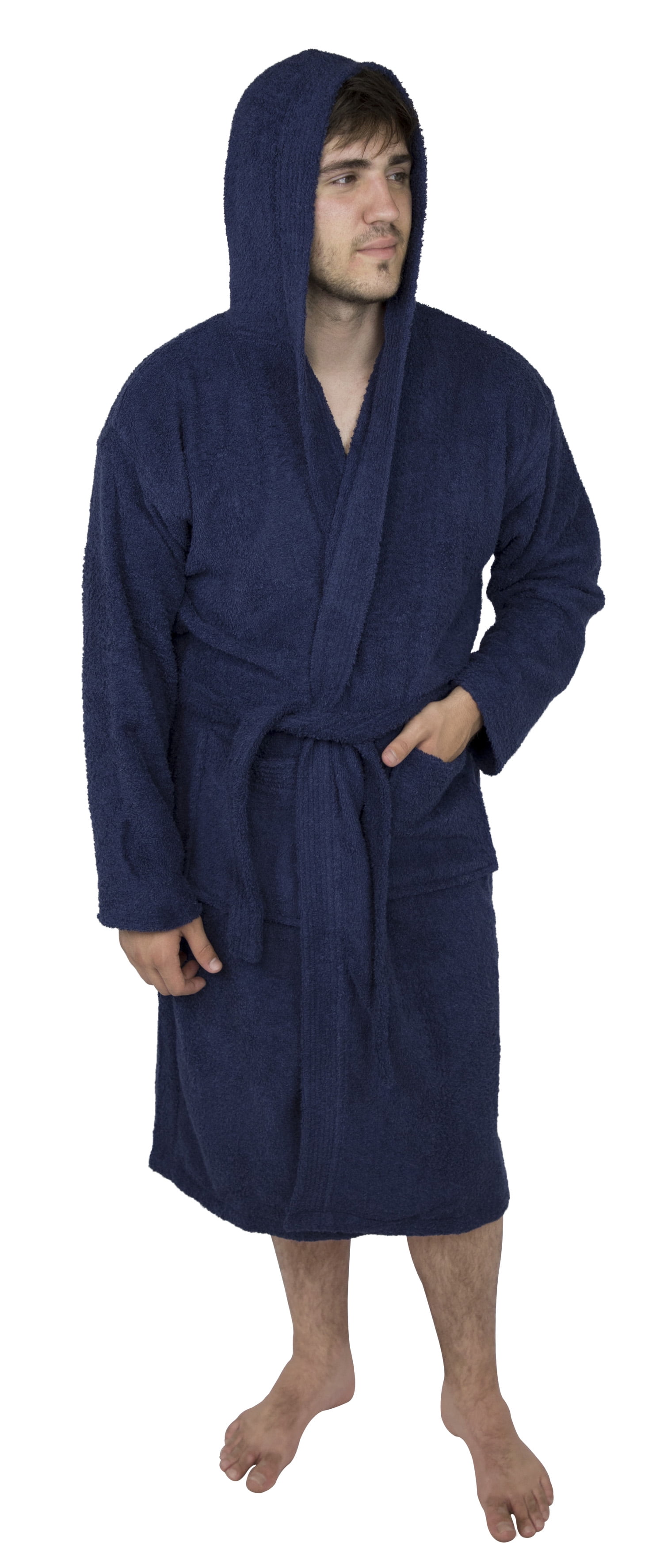 Mens 100 Terry Cotton Toweling Bathrobe Dressing Robe Hooded Navy XL