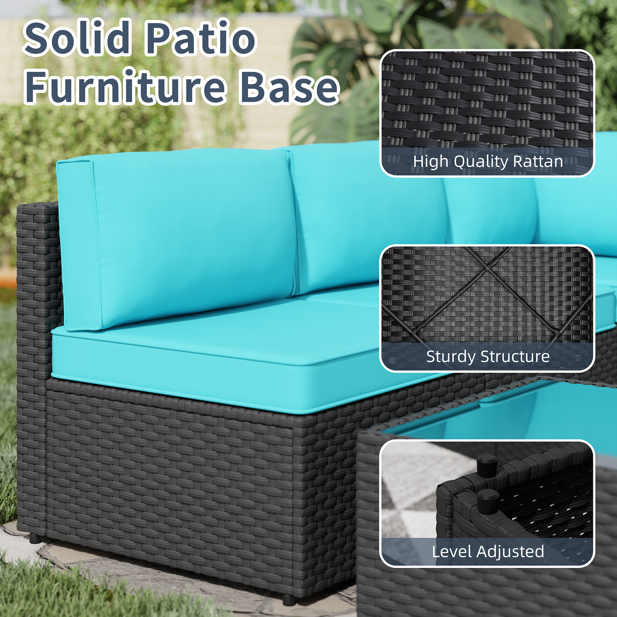 Walsunny 5 Pieces Outdoor Furniture Patio Sectional Sofa Set, Wicker Rattan Conversation Sets with Cushions and Glass Table, Black Rattan Blue Cushions