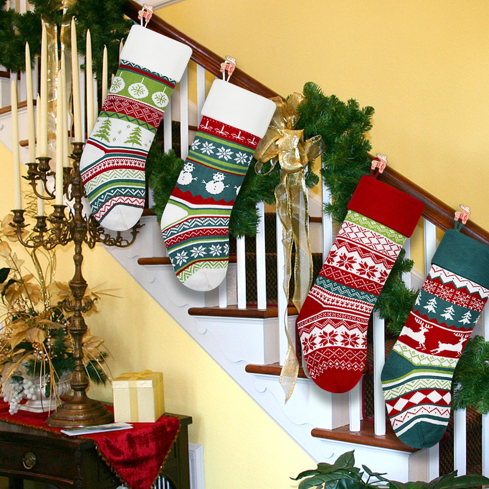 Dalrosia Knit Christmas Stockings,4PCS Snowflake Reindeer Snowman Personalized Cable Knit Stockings for Christmas Candy Gifts Decor