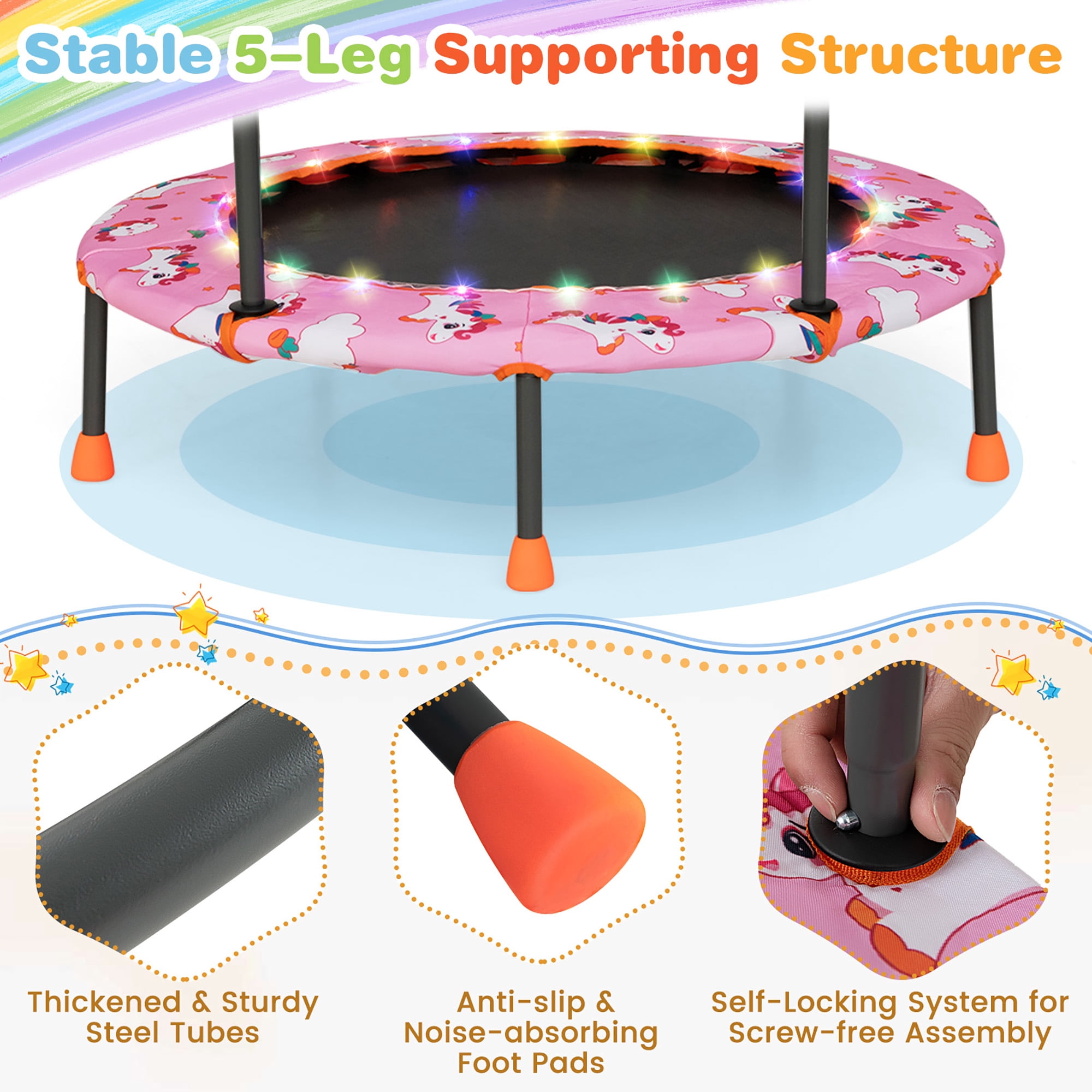 Gymax 36'' Mini Toddler Trampoline w/ LED Bluetooth Speaker Detachable Handle Kids Gifts Pink