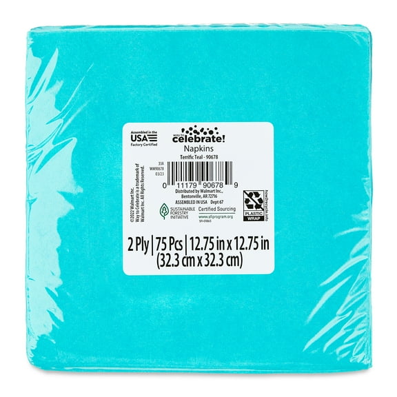 6.5" x 6.5" Disposable Teal Paper Napkins, 75 Count, by Way To Celebrate
