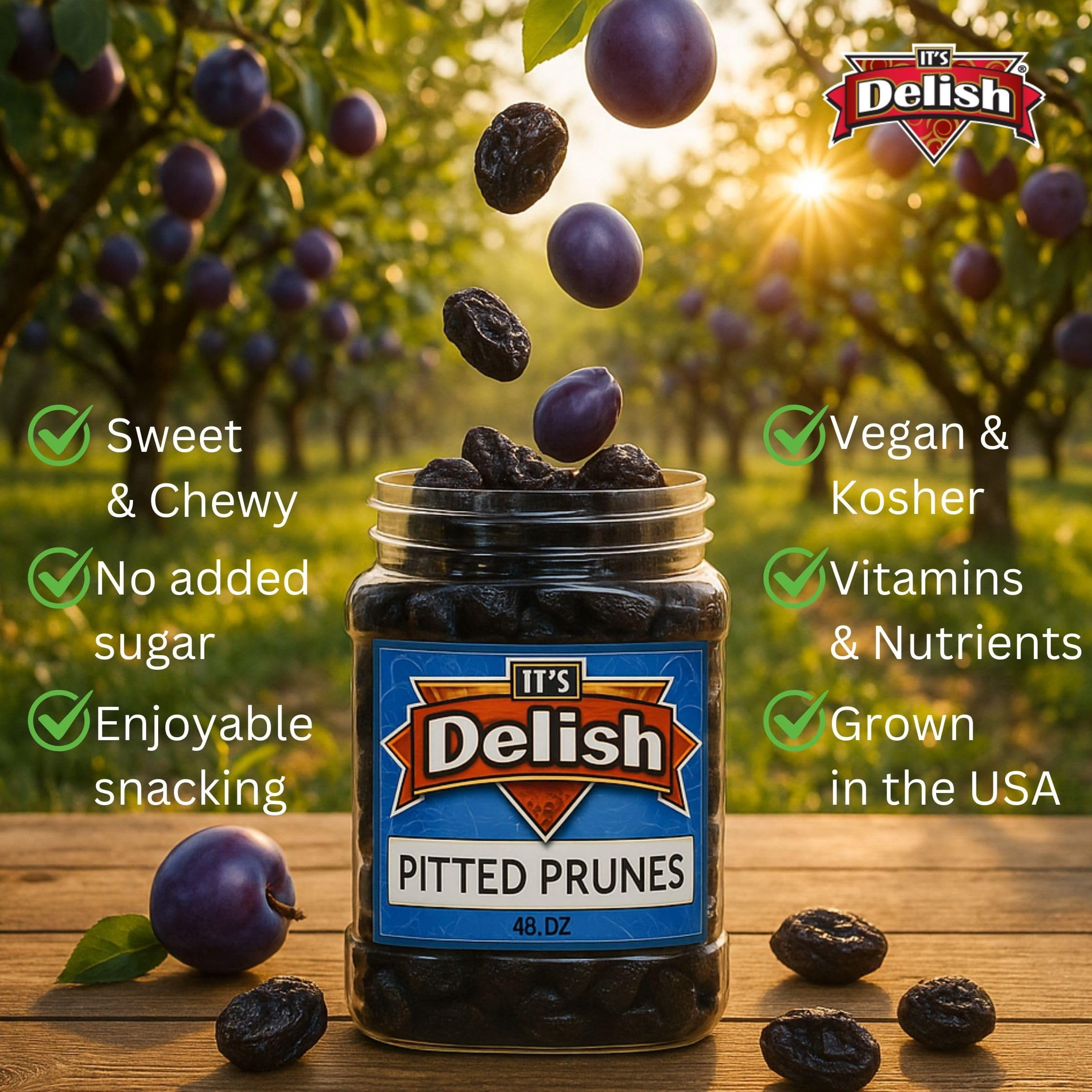 Dried Pitted Prunes Unsweetened by It's Delish, 3 Lbs Jumbo Container  Naturally Sweet, No Sugar Added, High Fiber Dried Fruit Snack  Healthy, Moist and Fresh Dry Plums  Vegan, Kosher
