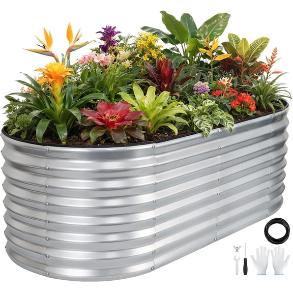 Galvanized Raised Garden Bed Outdoor 24'' Deep | Oval Metal Garden Beds with Easy Assembly & Planter Box for Planting Deep Root Vegetables Fruits Flowers, 4x2x2ft Silver