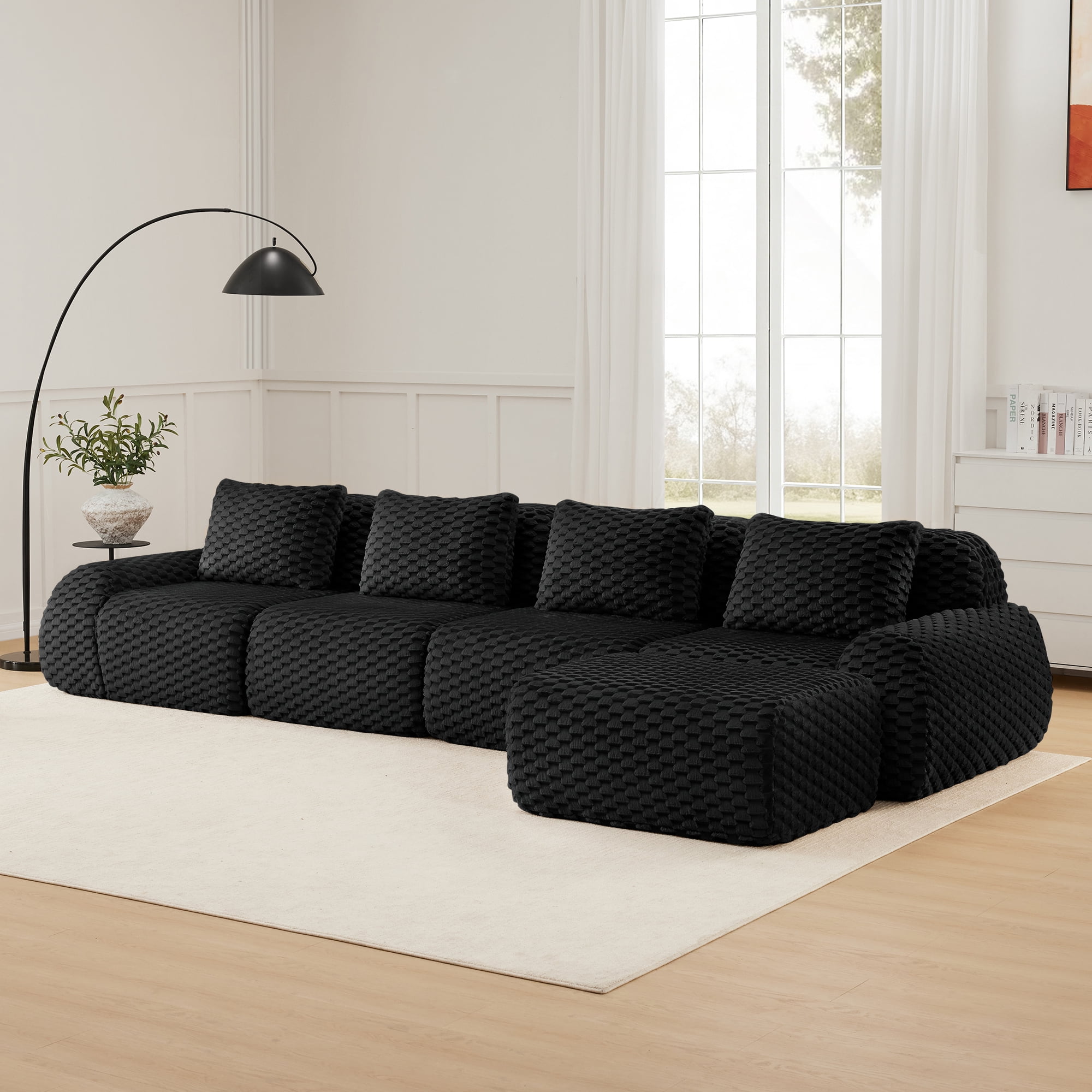 MAYEERTY 146" L-Shaped Modular Couch, Textured Flannelette, Movable Ottoman, Anti-Slip, No Assembly, Black