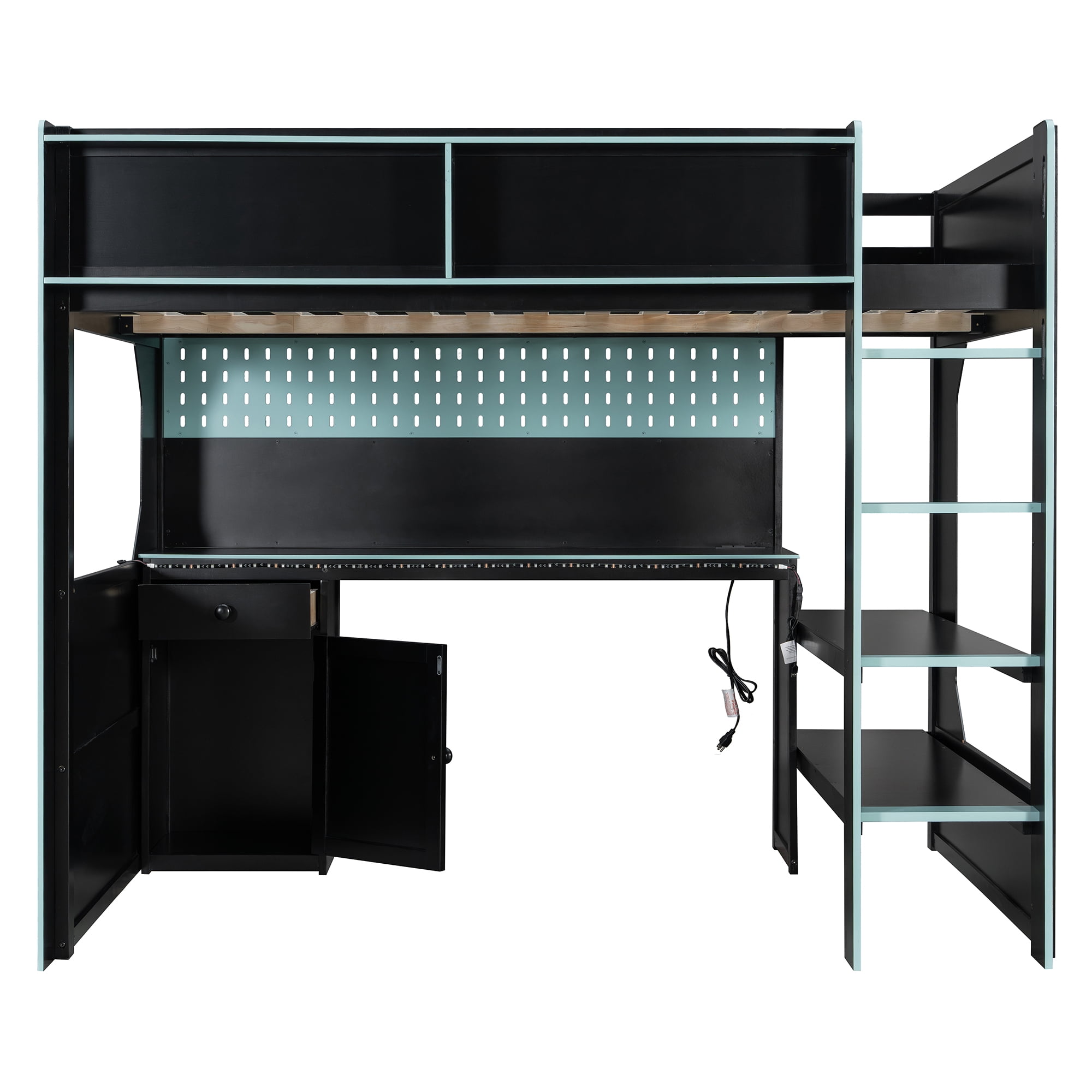 Mintazer Full Size Gaming Loft Bed with Desk & LED Lights, Modern Bed Frame with Storage Shelves & Pegboard and Charging Station for Dorm Bedroom Apartment, Black & Blue