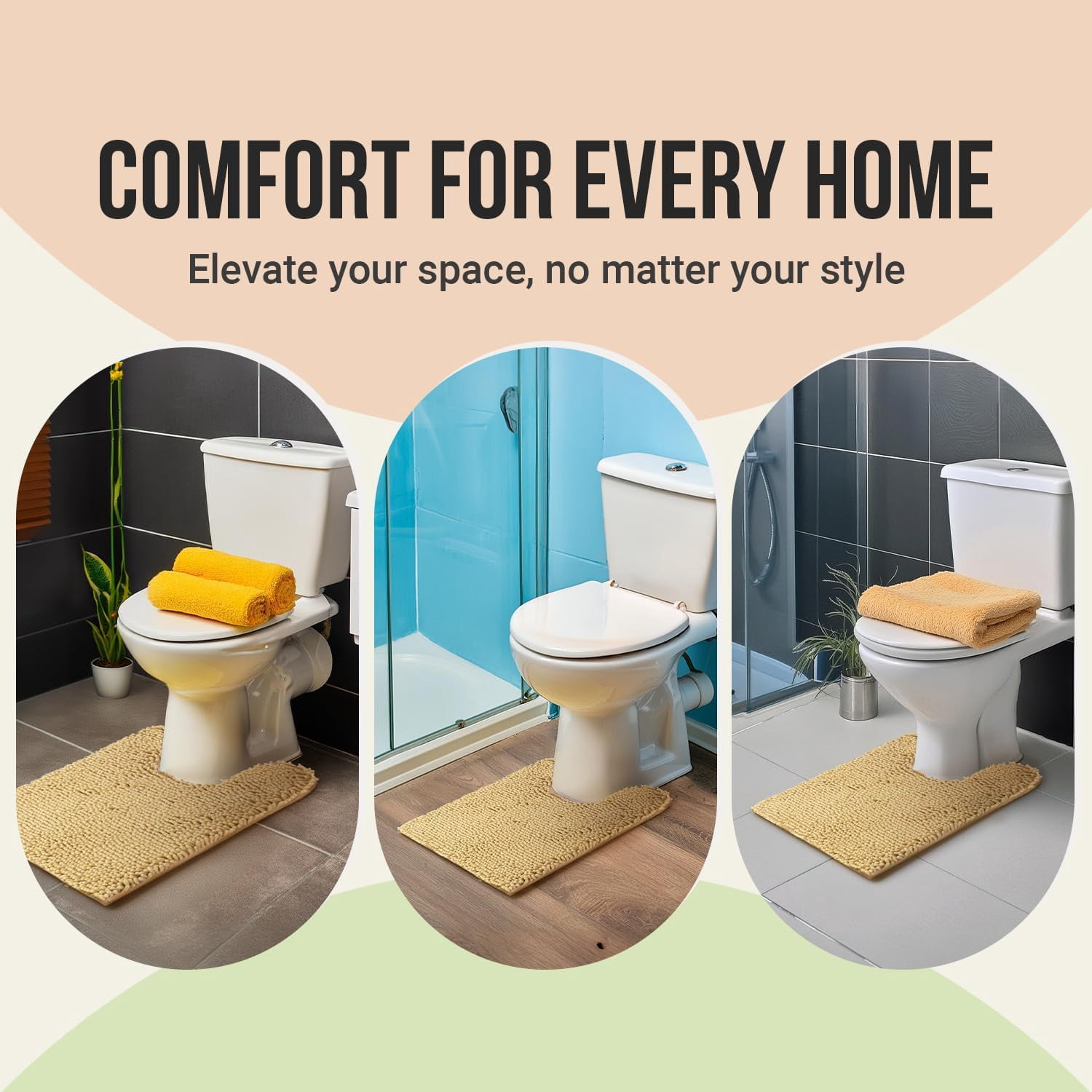 ITSOFT Luxury Bathroom Mats, Non-Slip Chenille Bathmat, Ultra Absorbent, U-Shaped, Beige