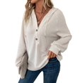 thumbnail image 3 of Sudadera con Capucha de Larga de Punto Gofre para Mujer, con Cordón, Botones, Cuello en V, Informal, con Capucha. XL, 3 of 9