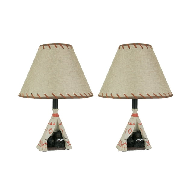 Set of 2 Cold Cast Resin Table Lamps: Mama Black Bear and Cub in Teepee-Style Tent - Perfect for Cozy Living Spaces, Bedrooms, and Cabins - 19 Inches High