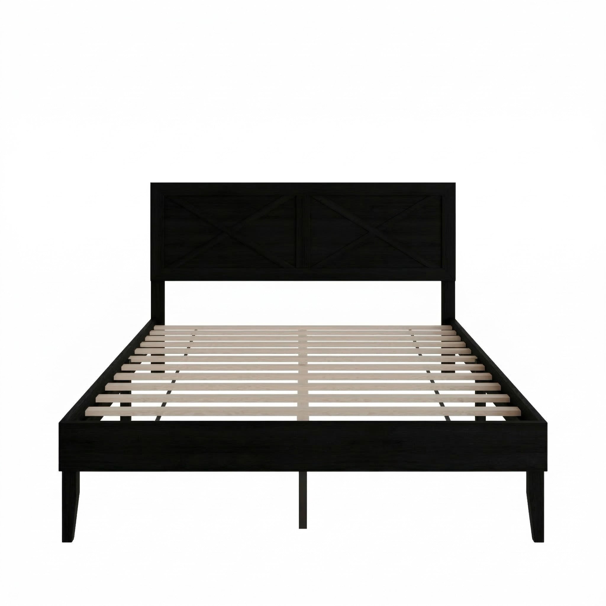 Home Design Oxnard Full Solid Wood Platform Bed Frame with X-Pattern Headboard and Full Slat Support System, Black