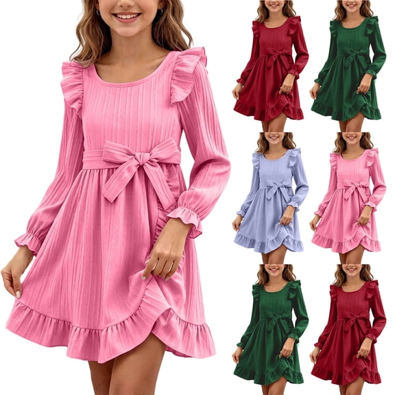 Auroural Girls Long Sleeve Dresses with Ruffle Hem Dresses Girl'S Solid Color Round Neck Lacework Long-Sleeve Dress Princess Dress Kids