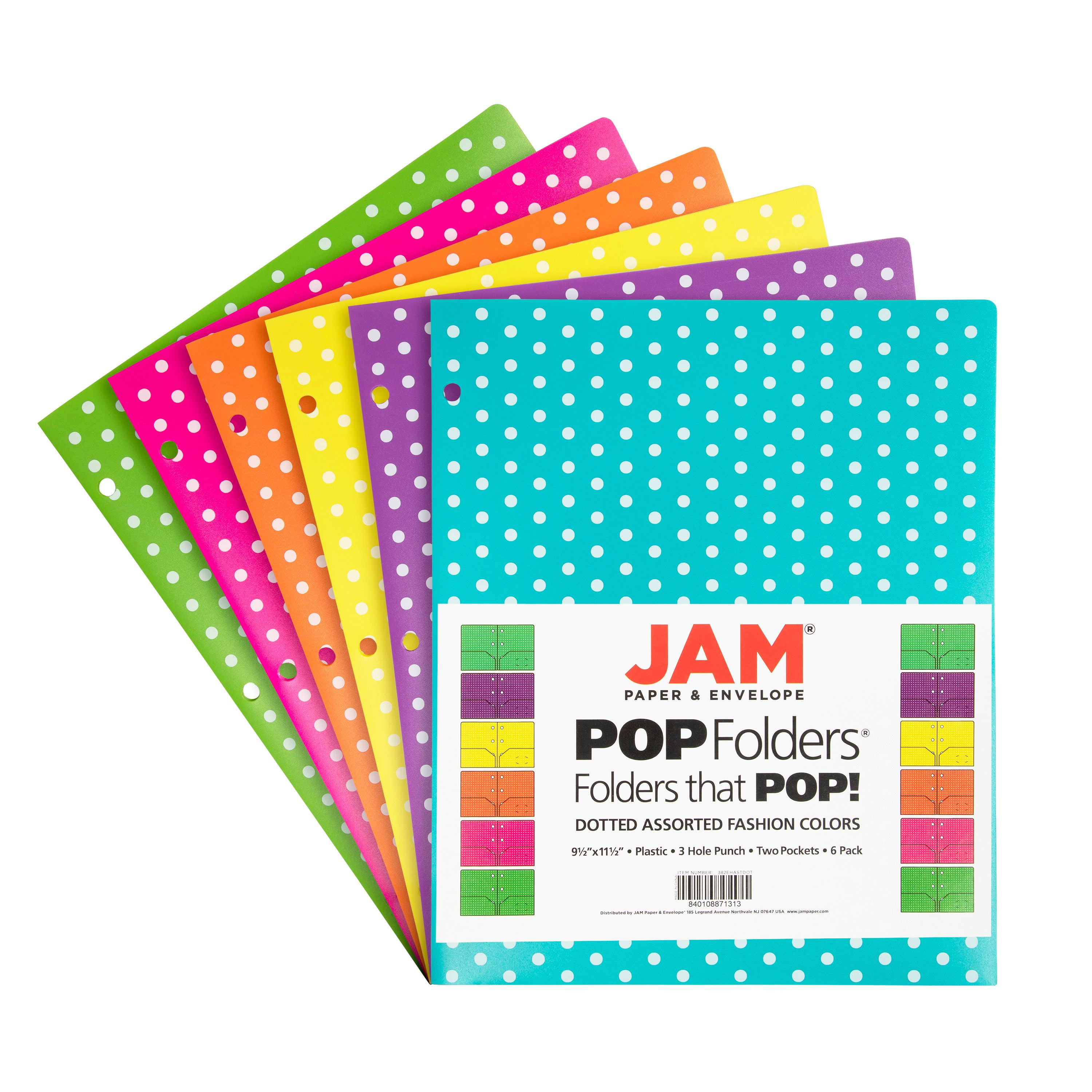 JAM Plastic 2 Pocket School POP Folders, 3 Hole Punch, Assorted Polka Dot, 6 Per Pack