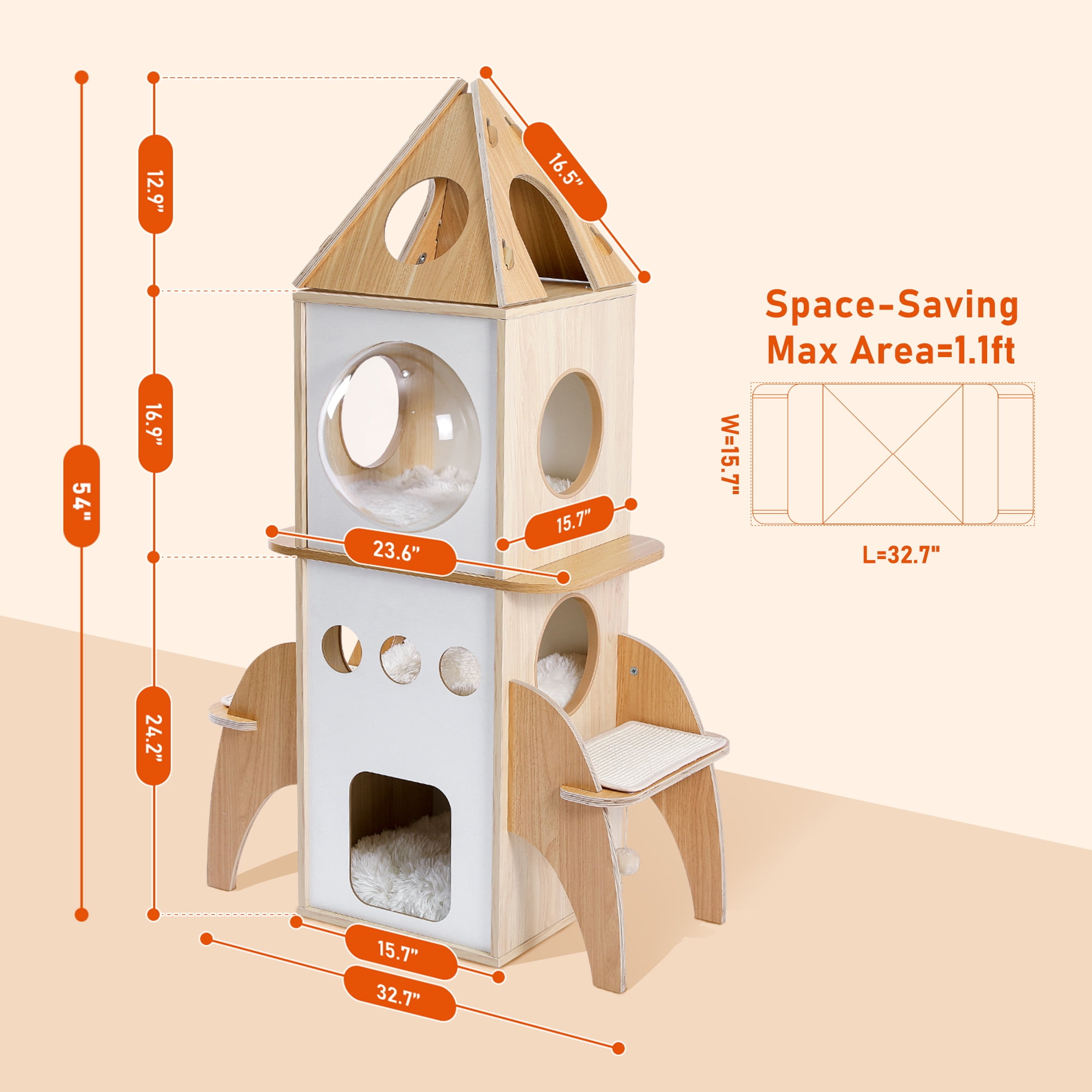 Kadyn 54" Multi-Level Cat Tower for Indoor, Cat Tree Rocket Shape Condo for Multiple Cats with 3 Condos, Dangling Balls, Attic Perch, Beige