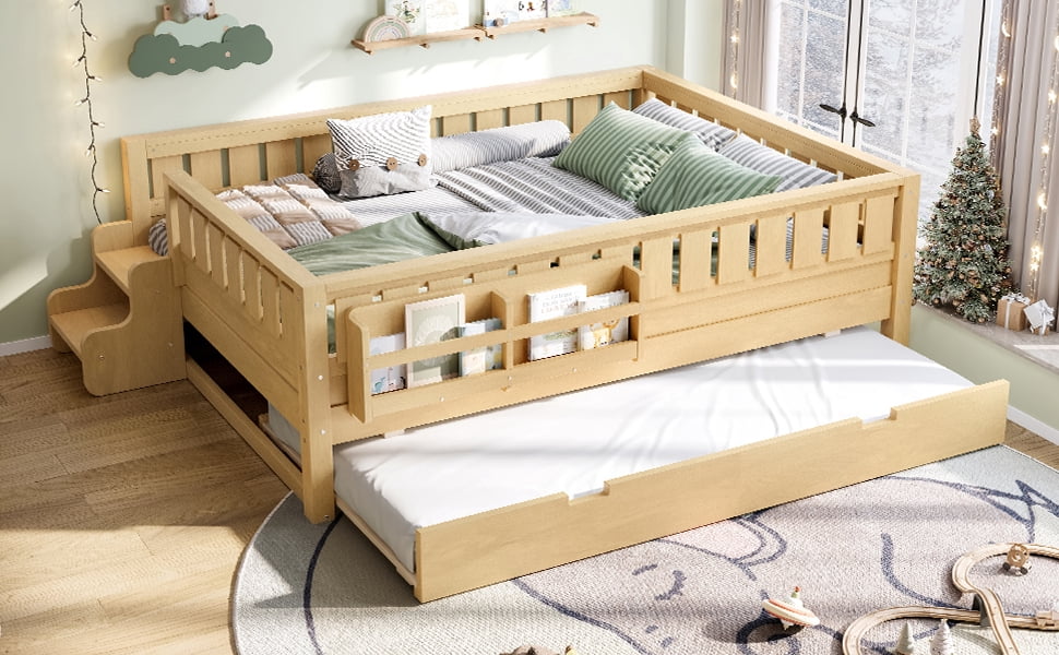 URTR Full Bed with Rail and Bookshelf, Full Size Wooden Montessori Floor Bed with Small Stairs and Trundle, Full Size Platform Bed Frame, No Box Spring Needed, Natural