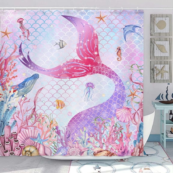 Mermaid Shower Curtain, Cute Pink Ocean Mermaid Tail Octopus Coral Fish Jellyfish Beach Shower Curtain Kids Girls Bathroom Set, Sea Underwater Coastal Shower Curtain with Hooks, 69X70IN