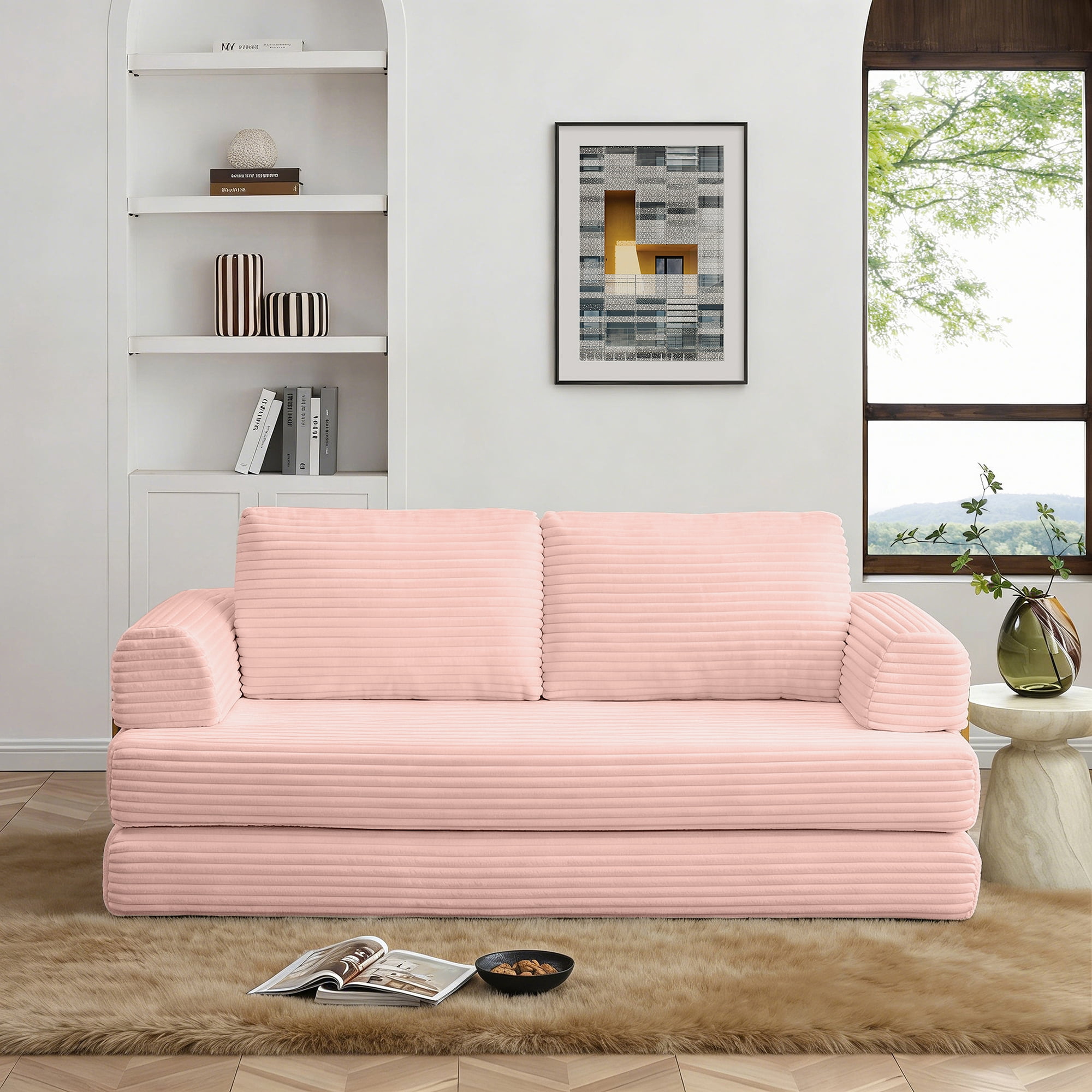79.5" Convertible Sofa Bed,Folding Sleeper Sofa Couch Bed with Fixed-Shape Frame,Corduroy Fold Out Sleeper Loveseat for Living Room,Bedroom,Apartment,Pink