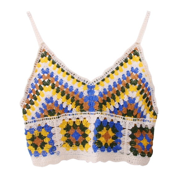 Women Crochet Knit Crop Top Ethnic Vintage Embroidery Geometric Beach Camisole