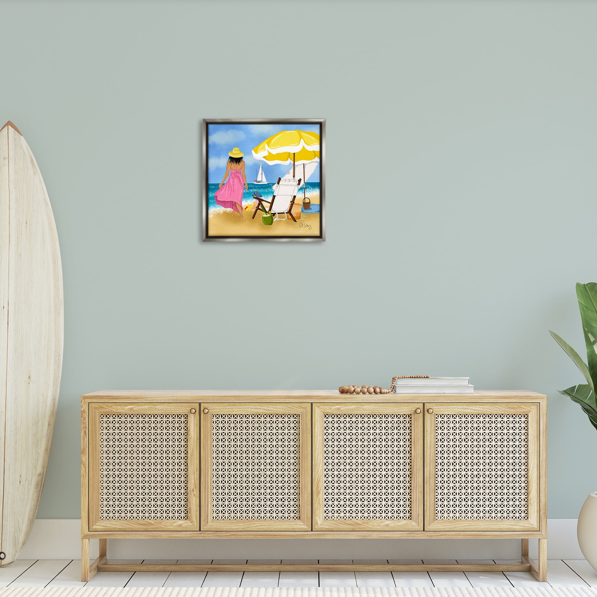 Stupell Industries Woman Strolling Beach Landscape Painting Gray Floater Framed Canvas Art Print Wall Art, 25 x 25
