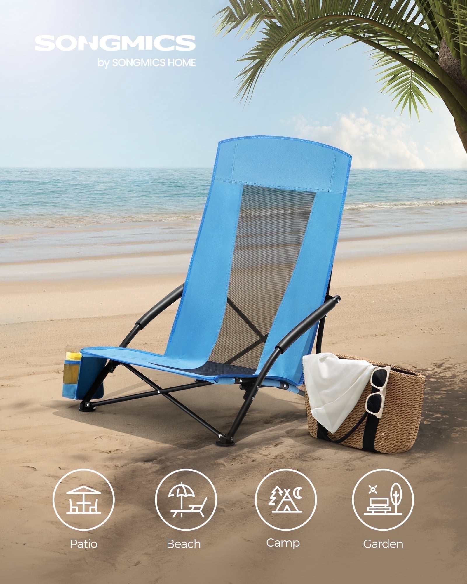 Set of 2 Camping Chairs, Beach Chairs, Portable Outdoor Chairs, with High Backrest, Cup Holder, Lightweight, Heavy-Duty, Max. Load 330 lb per Chair, Light Blue