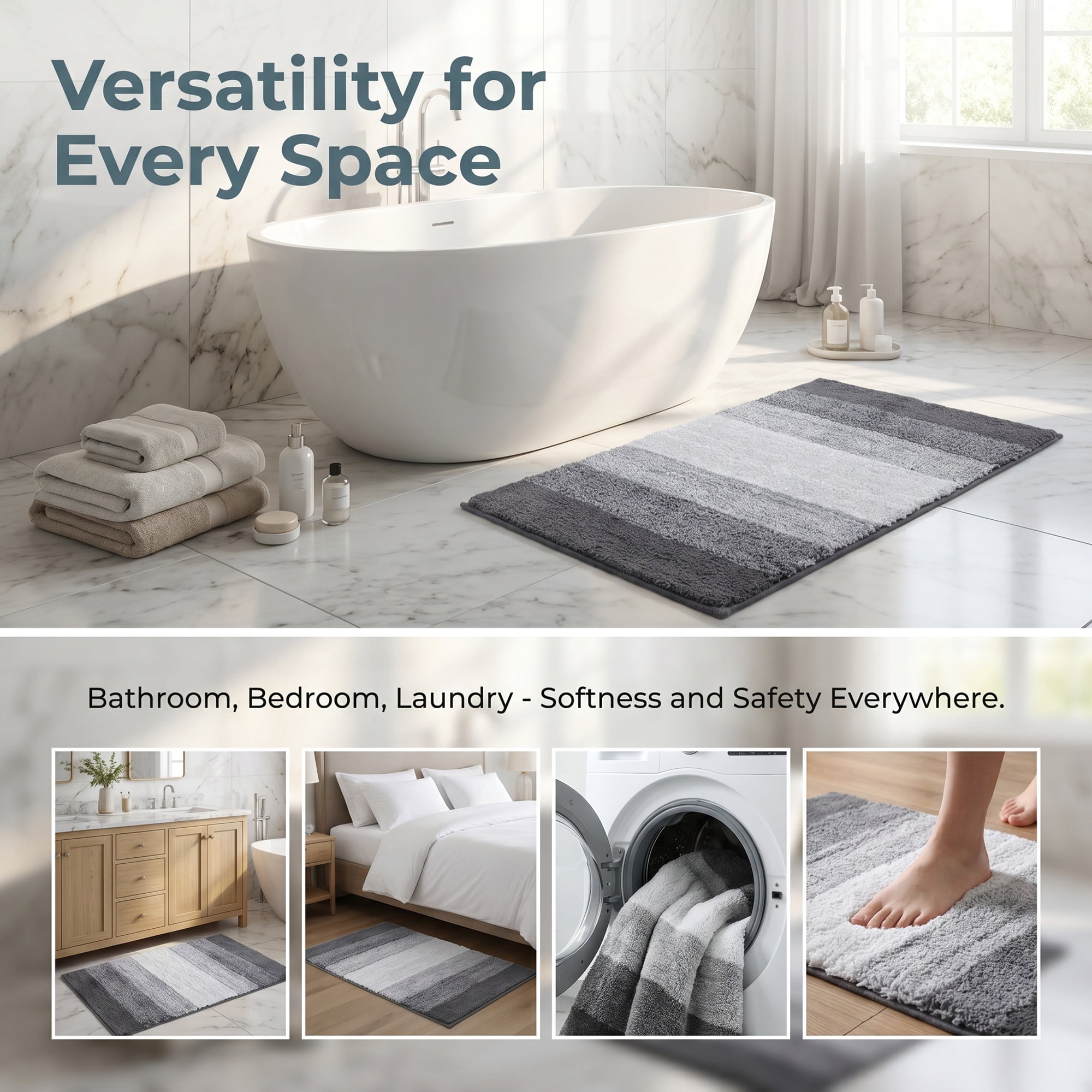 Unique Bargains Soft Absorbent Plush Non-Slip Machine Washable Bath Mat Grey 24" x 16"