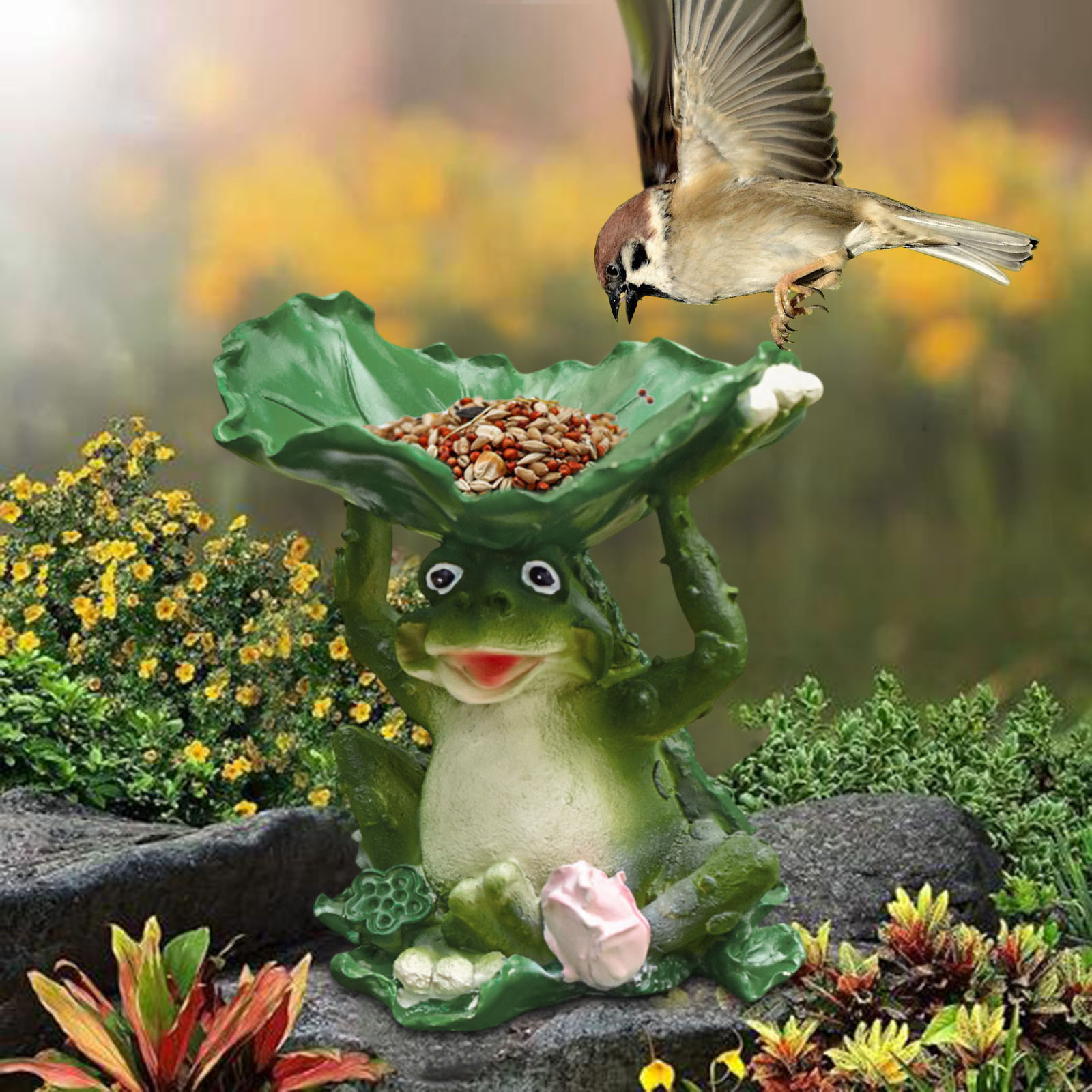 Bird Feeder Statue,6.4" Resin Decorative Sculpture with Lotus Leaf, Weatherproof Outdoor Garden Bird Feeder, Yard Lawn Ornament