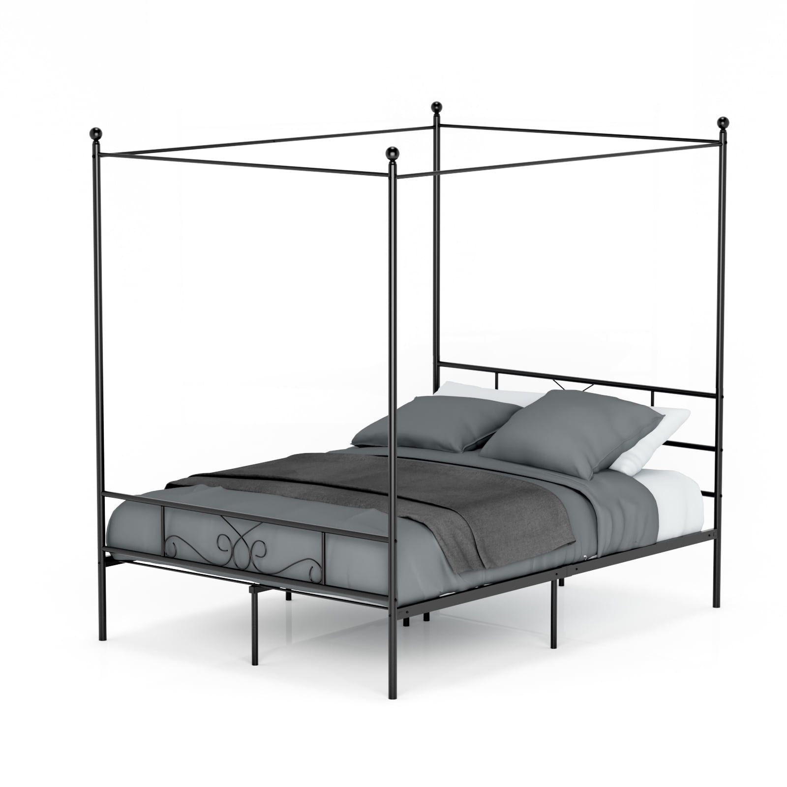 Modern Bedroom Metal Canopy Bed Frame Queen Size With HeadBoard Platform Black 