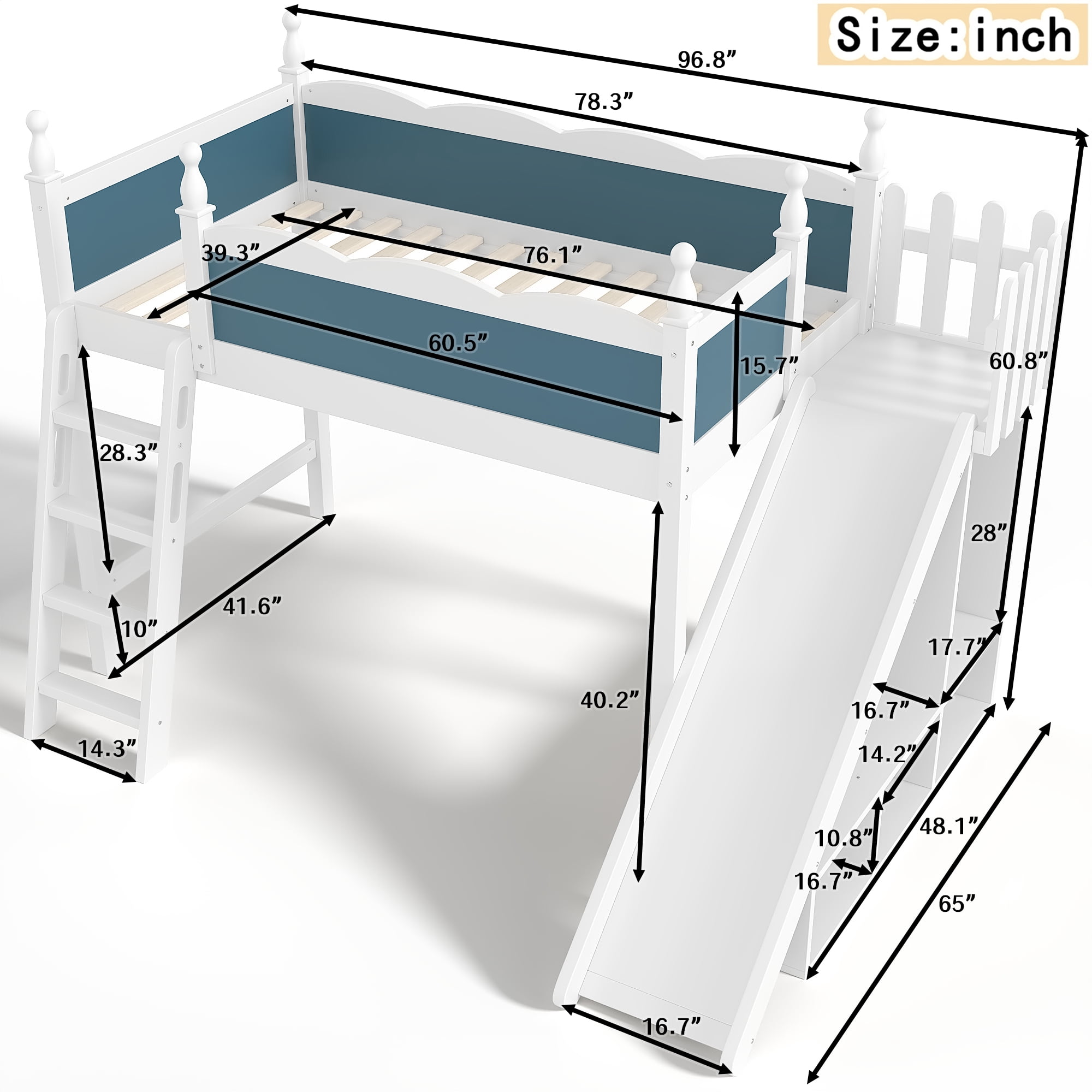 Leumius Twin Loft Bed Frame with Storage Shelves and Wardrobe, Solid Wood Loft Bed with Detachable Slide and Ladders for Kids Teens Adults Blue and White