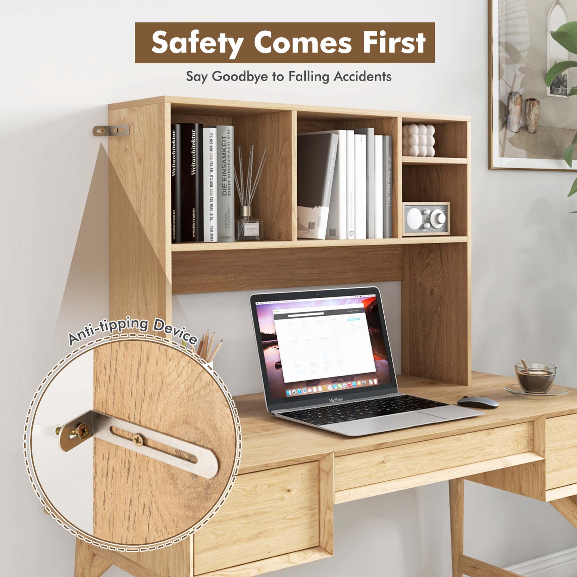 Costway Computer Desktop Bookcase Countertop Storage Bookshelf Organizer with 4 Cubbies, Natural