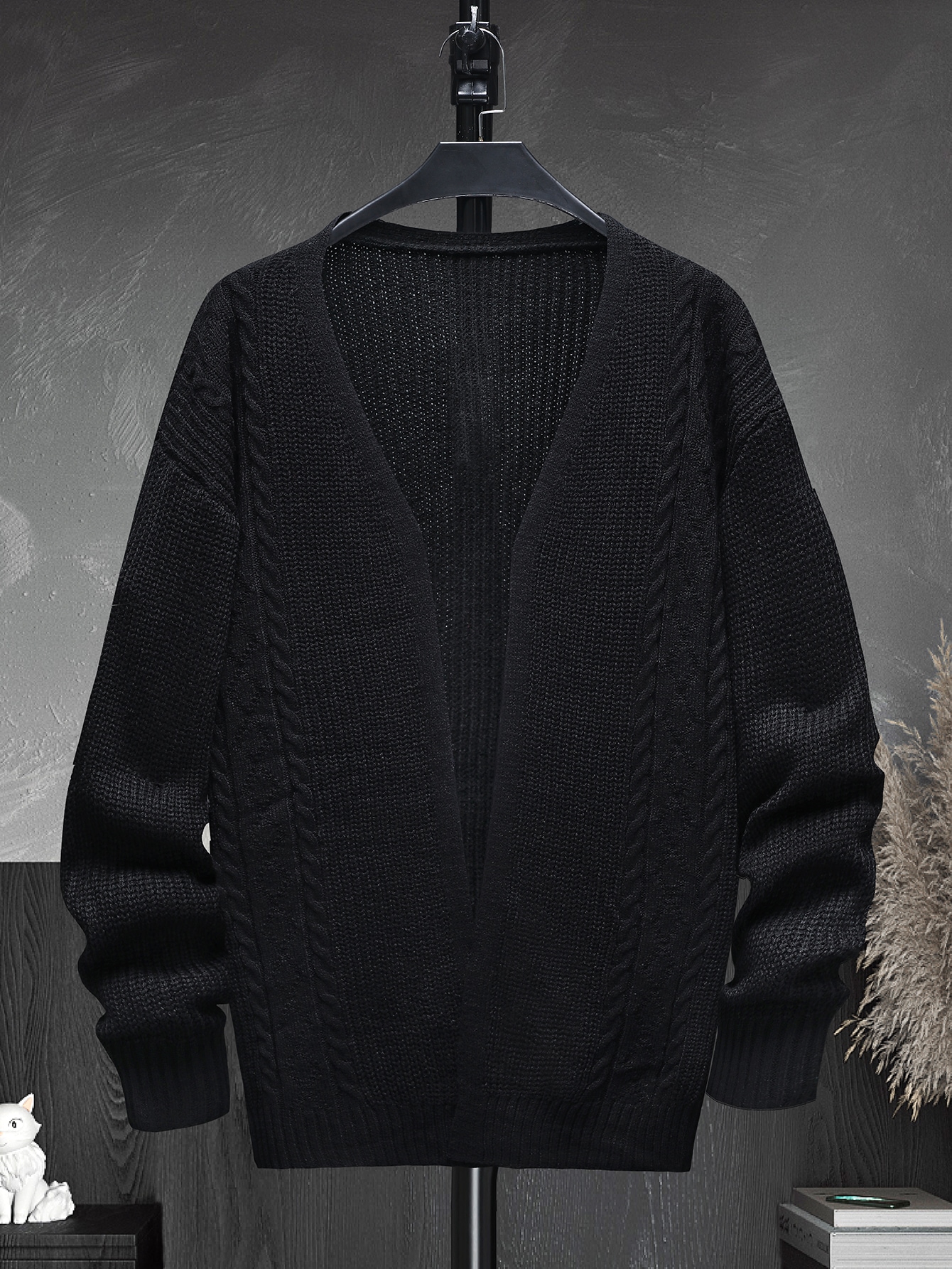 Black Men Cable Knit Drop Shoulder Cardigan