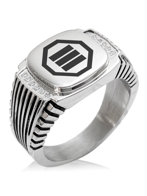 Stainless Steel Inaba Samurai Crest CZ Ribbed Needle Stripe Pattern Biker Style Polished Ring