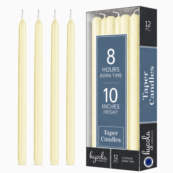 Hyoola 10" Cream Dripless European Made Taper Candles, Unscented Paraffin Wax with Cotton Wicks, 12-Pack