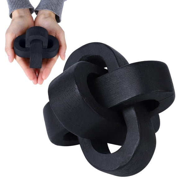 3-Ring Wood Knot Decor (Black) - Hand Carved Natural Wooden Chain Sculpture, Modern Farmhouse Tabletop Ornament for Coffee Table & Shelf